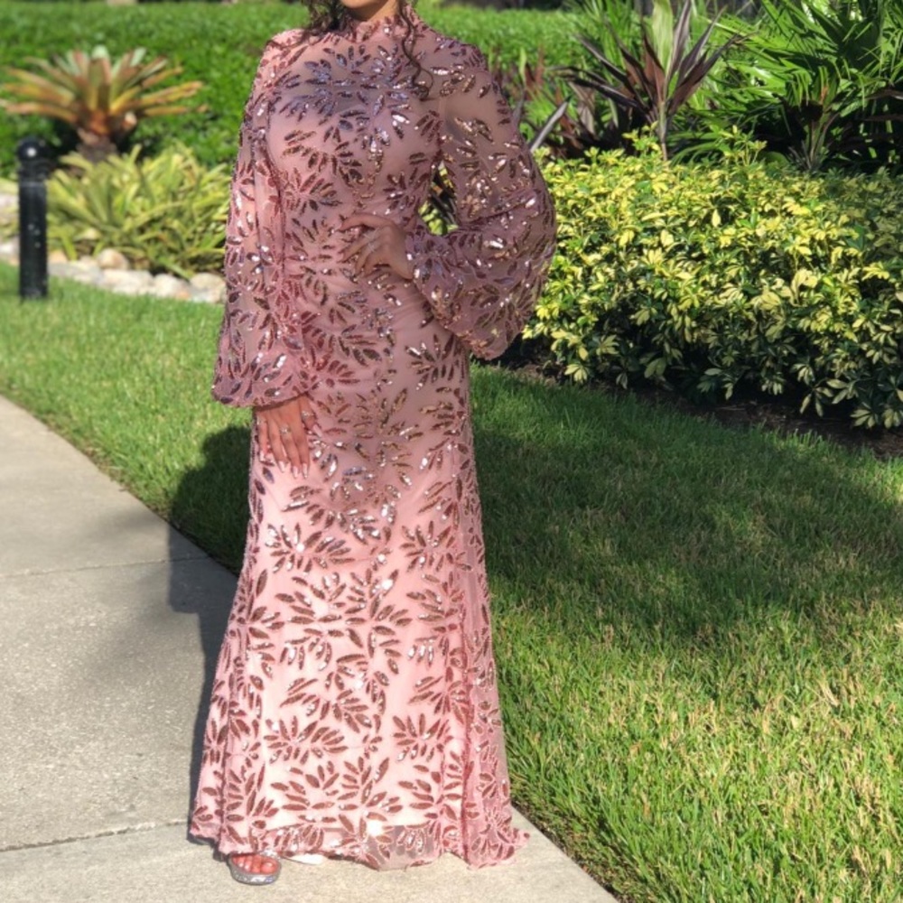 Beautiful pink long sleeved sequins gown